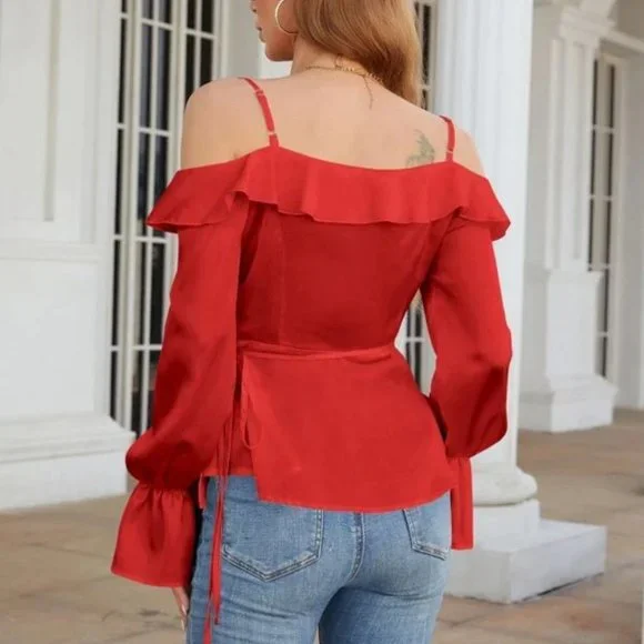 Classy contemporary red cold shoulder Blouse top - Picture 5 of 5